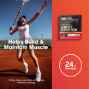 A tennis player in a white outfit jumps on a clay court holding a racket, with text reading 'Helps Build & Maintain Muscle.' On the right is a red-orange panel showing a pouch of Optimum Nutrition Gold Standard 20% Whey Protein and a '24G Protein' badge.