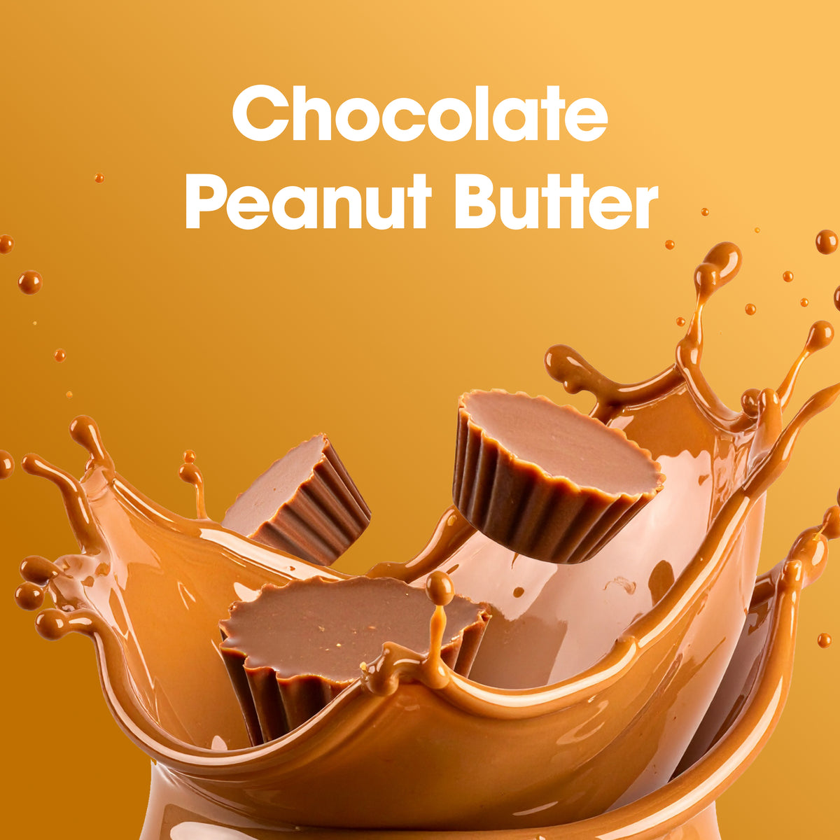 Chocolate peanut butter cups with splashes of chocolate on a yellow background