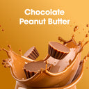 Chocolate peanut butter cups with splashes of chocolate on a yellow background