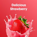 Strawberry with a splash of juice on a red background with 'Delicious Strawberry' text.
