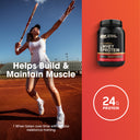 Tennis player on court with Optimum Nutrition whey protein container on an orange background