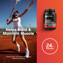Woman playing tennis on a court with a supplement container labeled 'Optimum Nutrition' on an orange background.