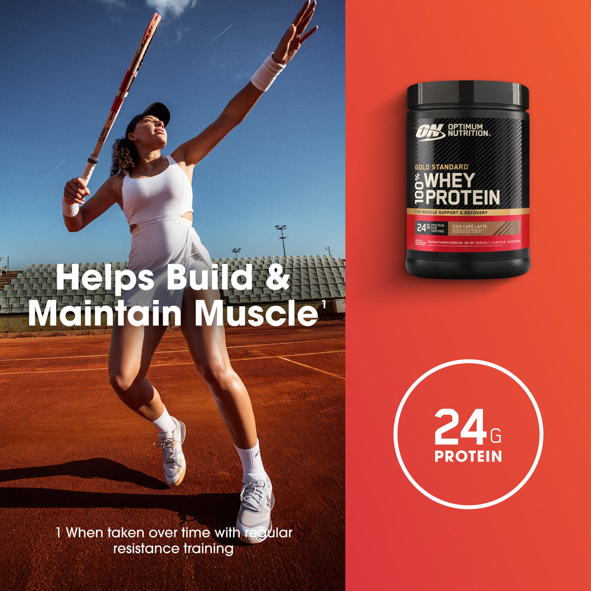 Woman playing tennis on a clay court with Optimum Nutrition whey protein container on an orange background