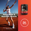 Woman playing tennis on a clay court with Optimum Nutrition whey protein container on an orange background