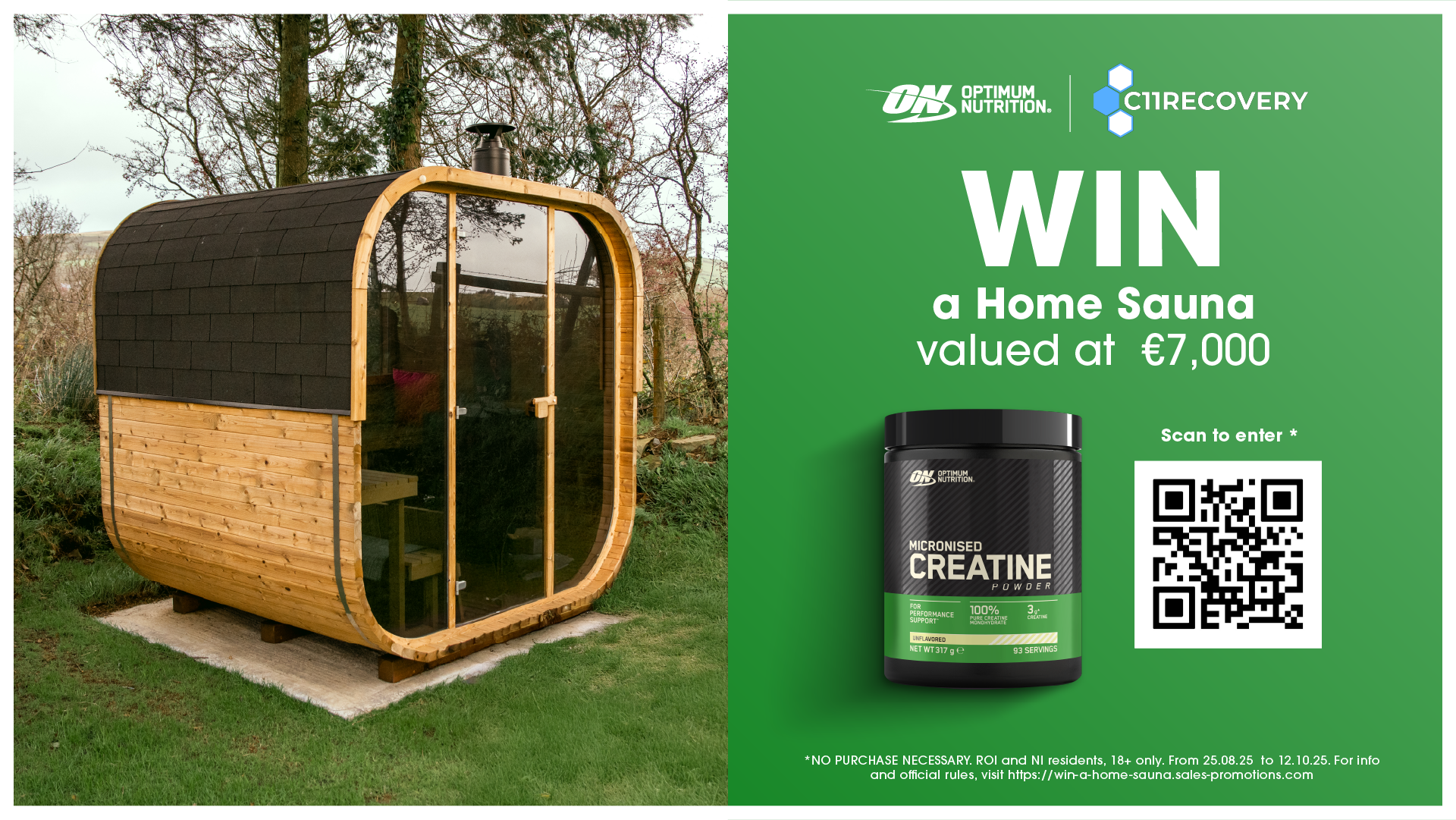 Optimum Nutrition Micronised Creatine Powder container next to a QR code for a home sauna giveaway