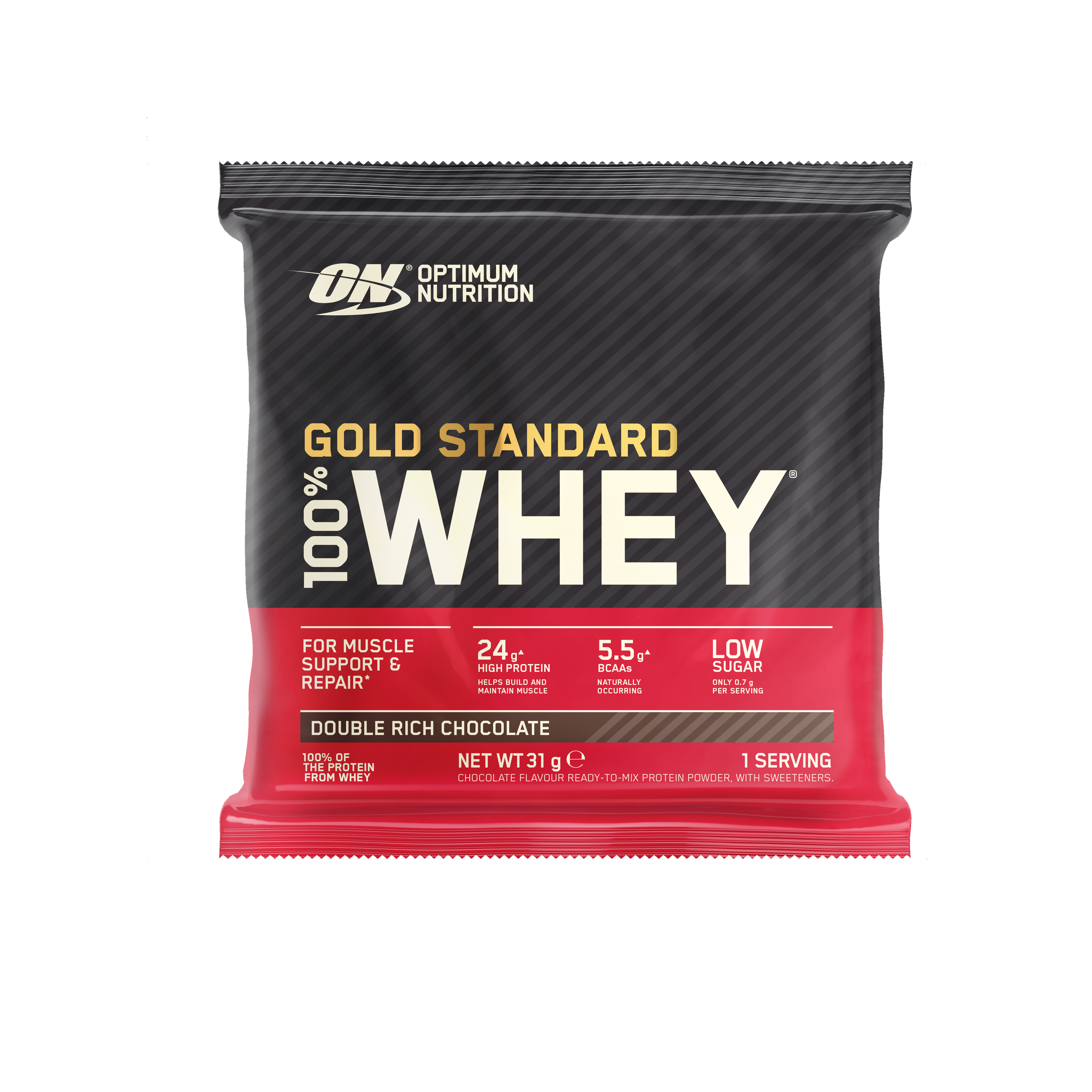Optimum Nutrition Gold Standard 100% Whey Protein, Double Rich Chocolate, 31g packet, supports muscle repair