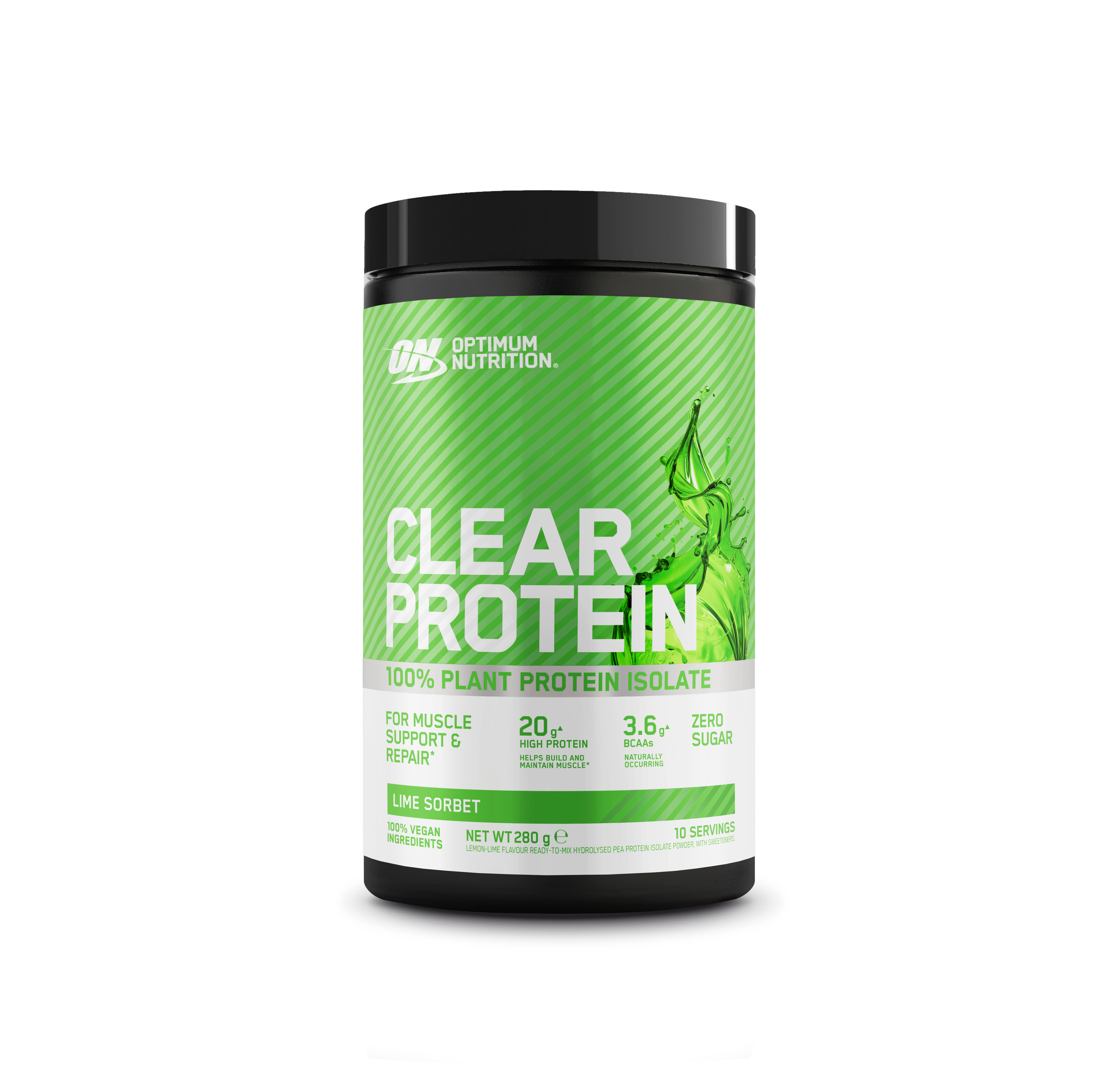 Optimum Nutrition Clear Protein, 100% plant protein isolate, lime sorbet flavor, 280g container
