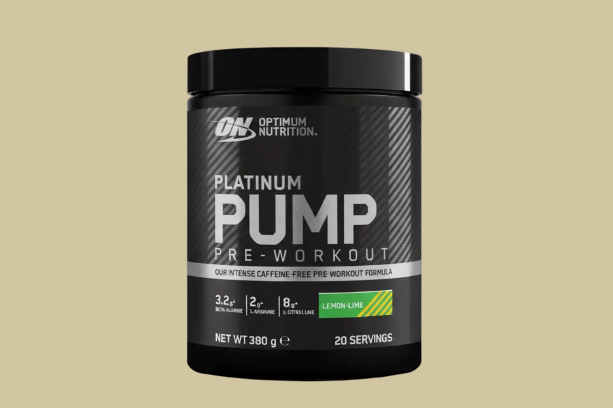 Optimum Nutrition Platinum Pump pre-workout supplement on a beige background