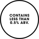 A circular black-and-white label with the text 'CONTAINS LESS THAN 0.5% ABV.'