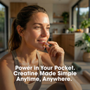 A woman in a gray tank top sits in a bright, modern kitchen or home interior, touching her chin thoughtfully. Large white text overlays the bottom of the image, reading: 'Power in Your Pocket.