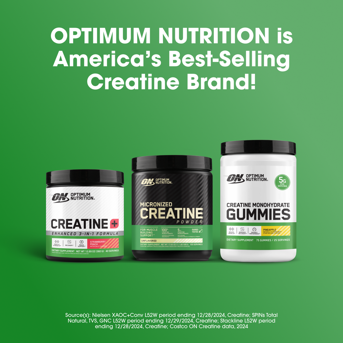 Optimum Nutrition creatine products on a green background with text claiming it's America's best-selling creatine brand.