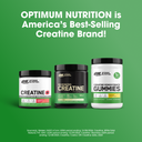 Optimum Nutrition creatine products on a green background with text claiming it's America's best-selling creatine brand.