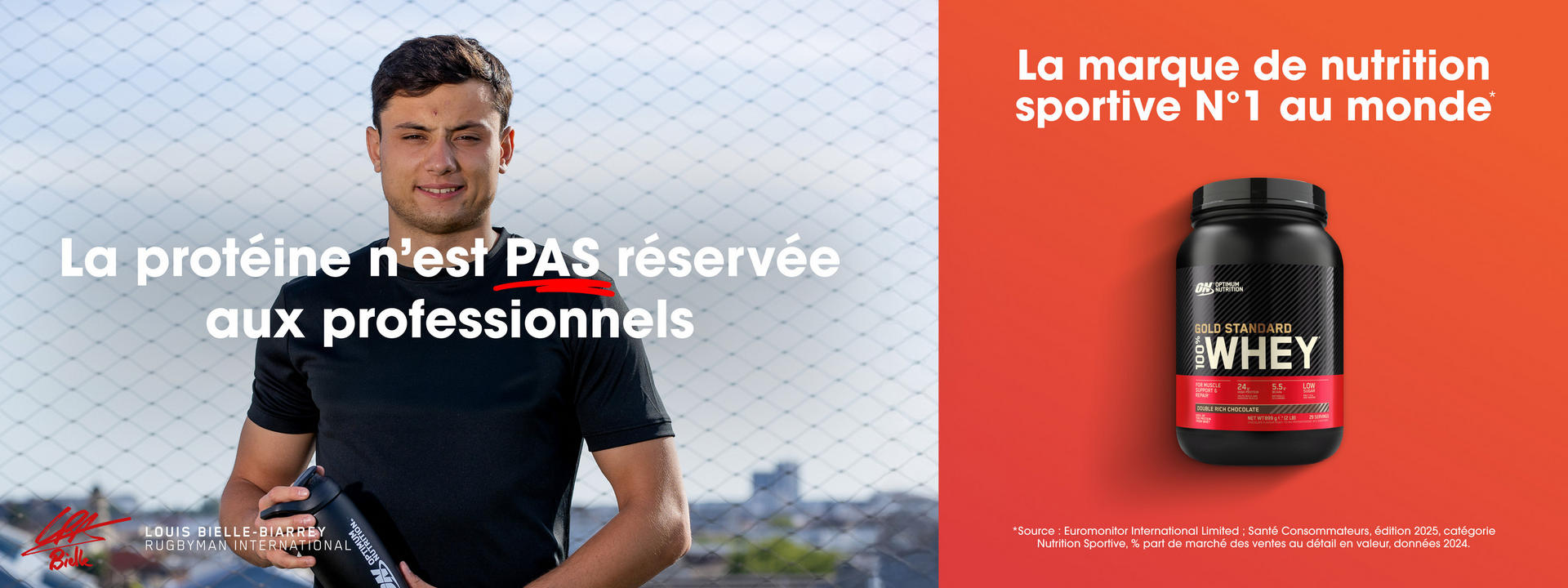 Man holding a shaker bottle next to a container of Gold Standard 100% Whey protein powder