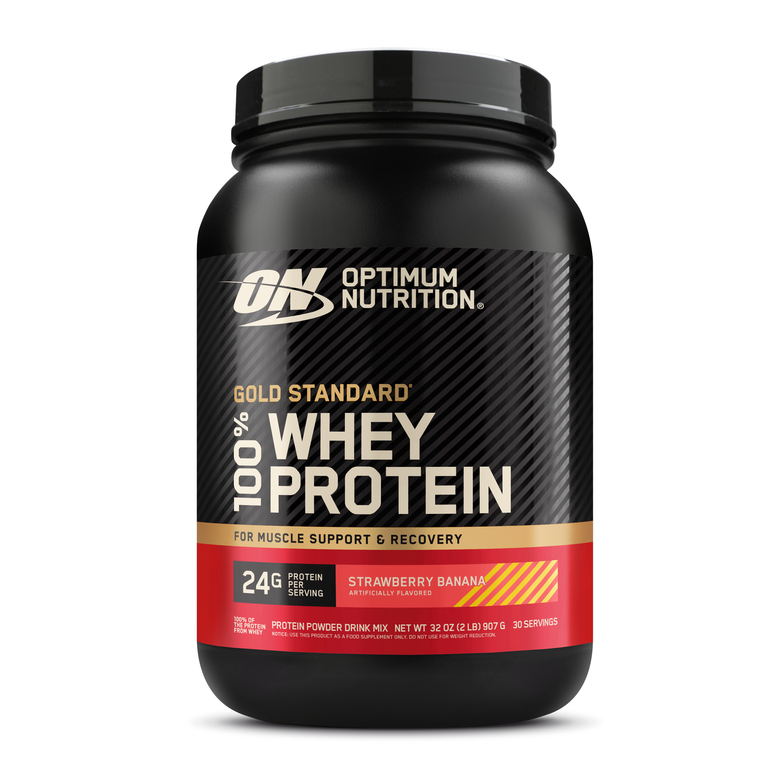 Optimum Nutrition Gold Standard 100% Whey Protein, 2 lb container, Strawberry Banana flavor, for muscle support and recovery