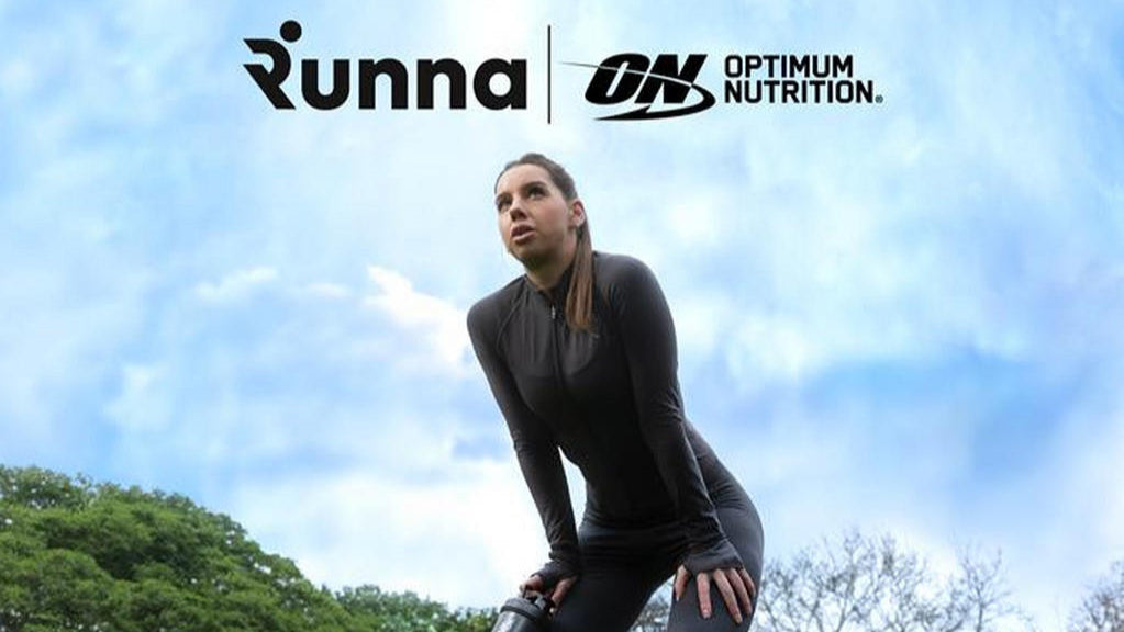Runna and Optimum Nutrition logos with a person in athletic wear holding a water bottle, set against a sky background
