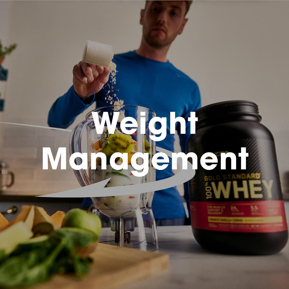 Optimum Nutrition Gold Standard 100% Whey Protein container next to a blender with ingredients being added