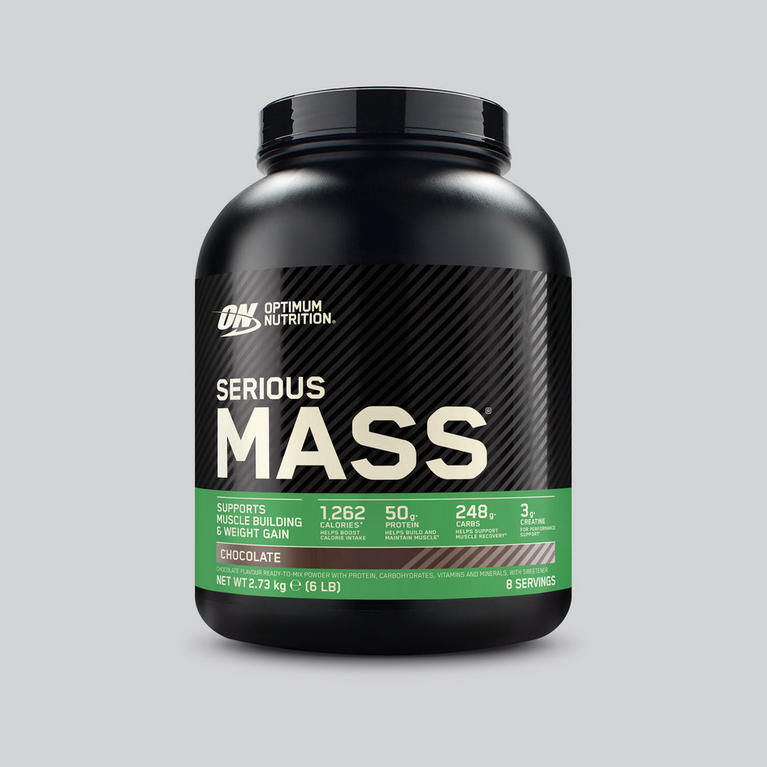 Optimum Nutrition Serious Mass Weight Gainer, 2.73 kg container, chocolate flavor, supports muscle building