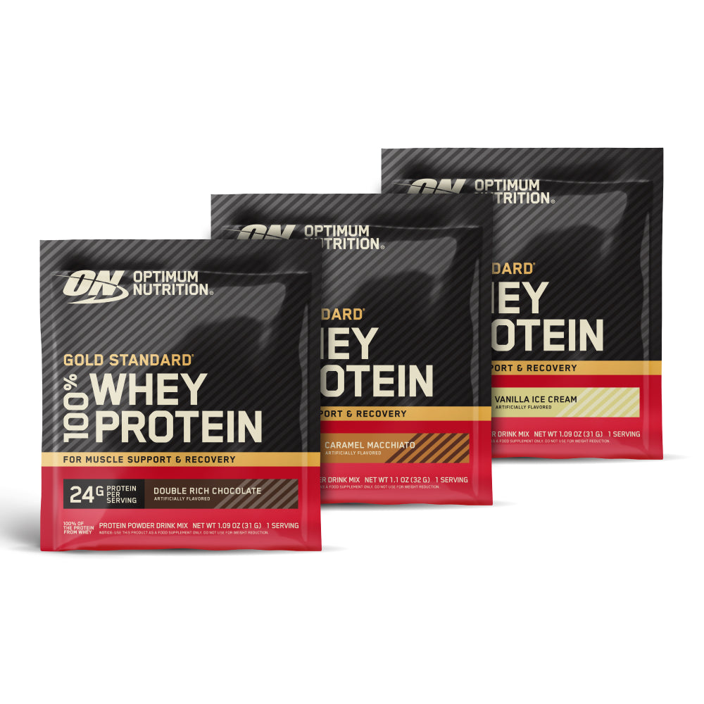 Optimum Nutrition Gold Standard 100% Whey Protein packages on a white background