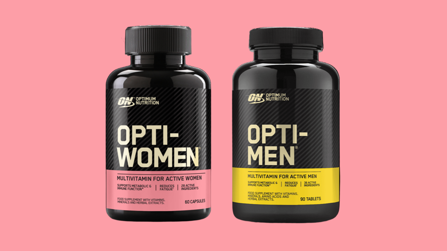 Optimum Nutrition Opti-Women multivitamin, 60 capsules, and Opti-Men multivitamin, 90 tablets, for active individuals