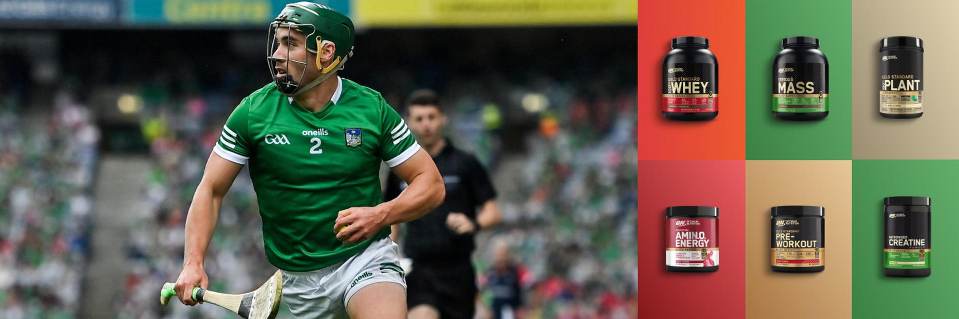 Optimum Nutrition supplements including Gold Standard Whey, Serious Mass, Plant Protein, Amino Energy, Pre-Workout, and Creatine