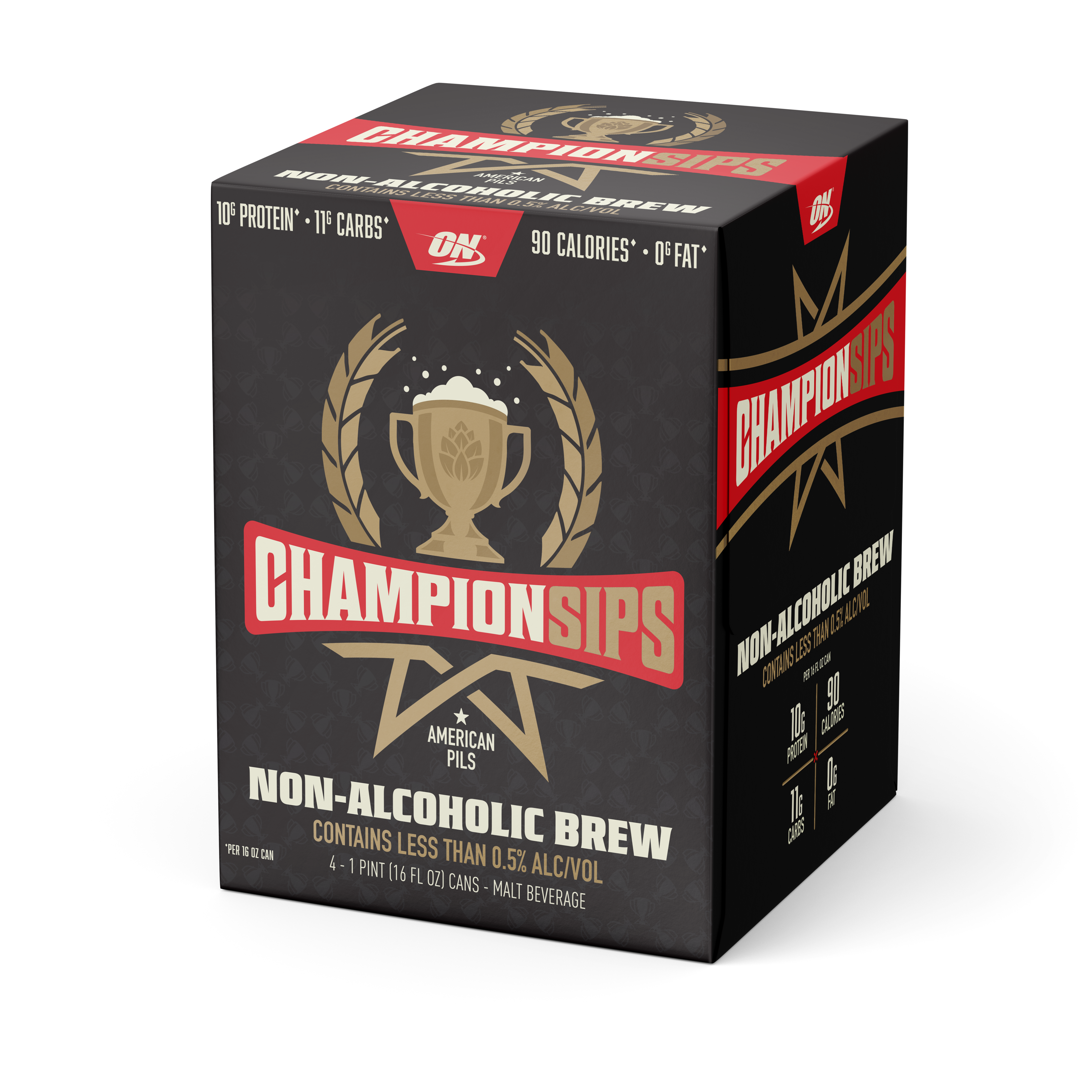A box of ON Brands Championsips Non-Alcoholic Brew protein powder, featuring a black design with gold and red branding and a gold trophy graphic.