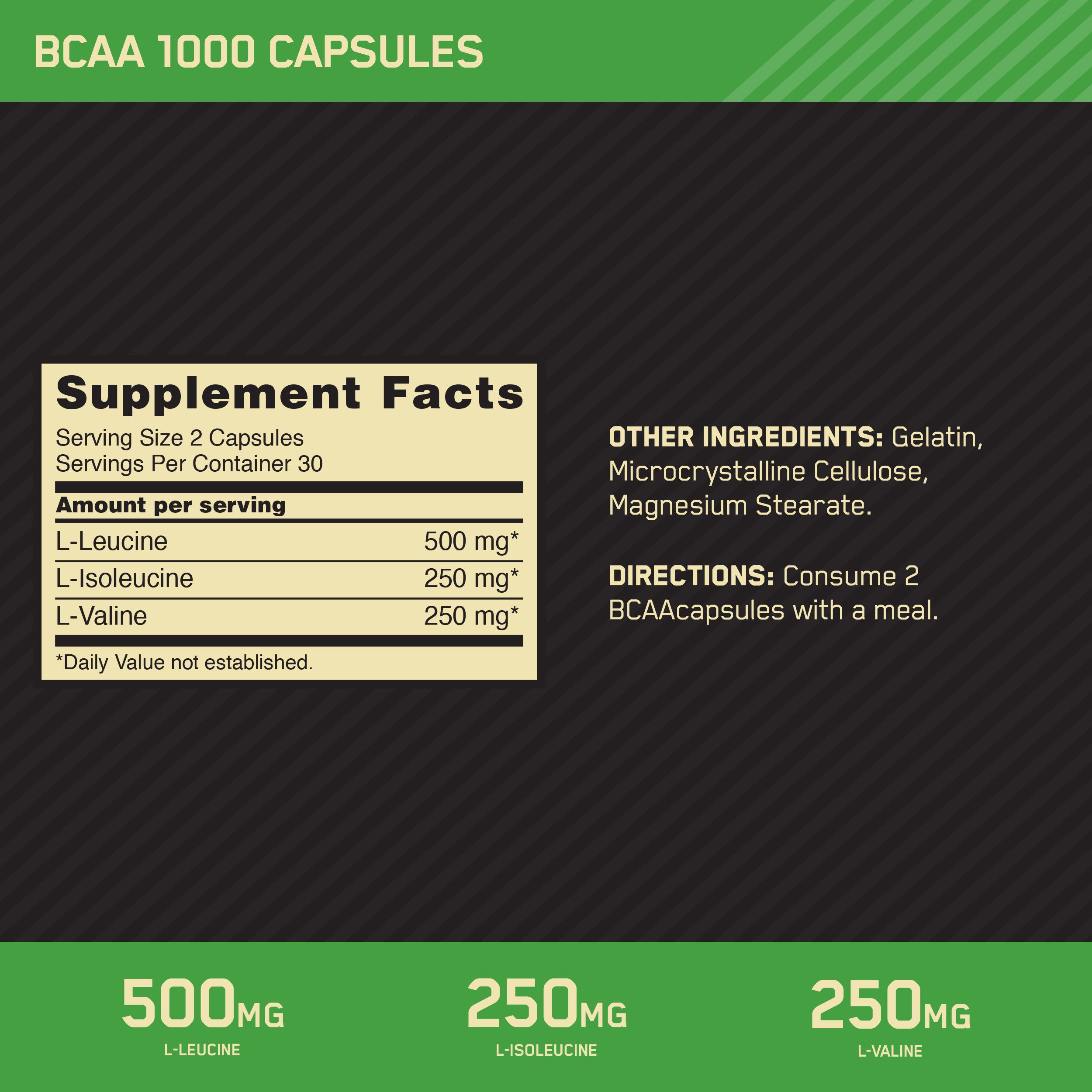 The Optimum Nutrition BCAA 1000 Caps label we read