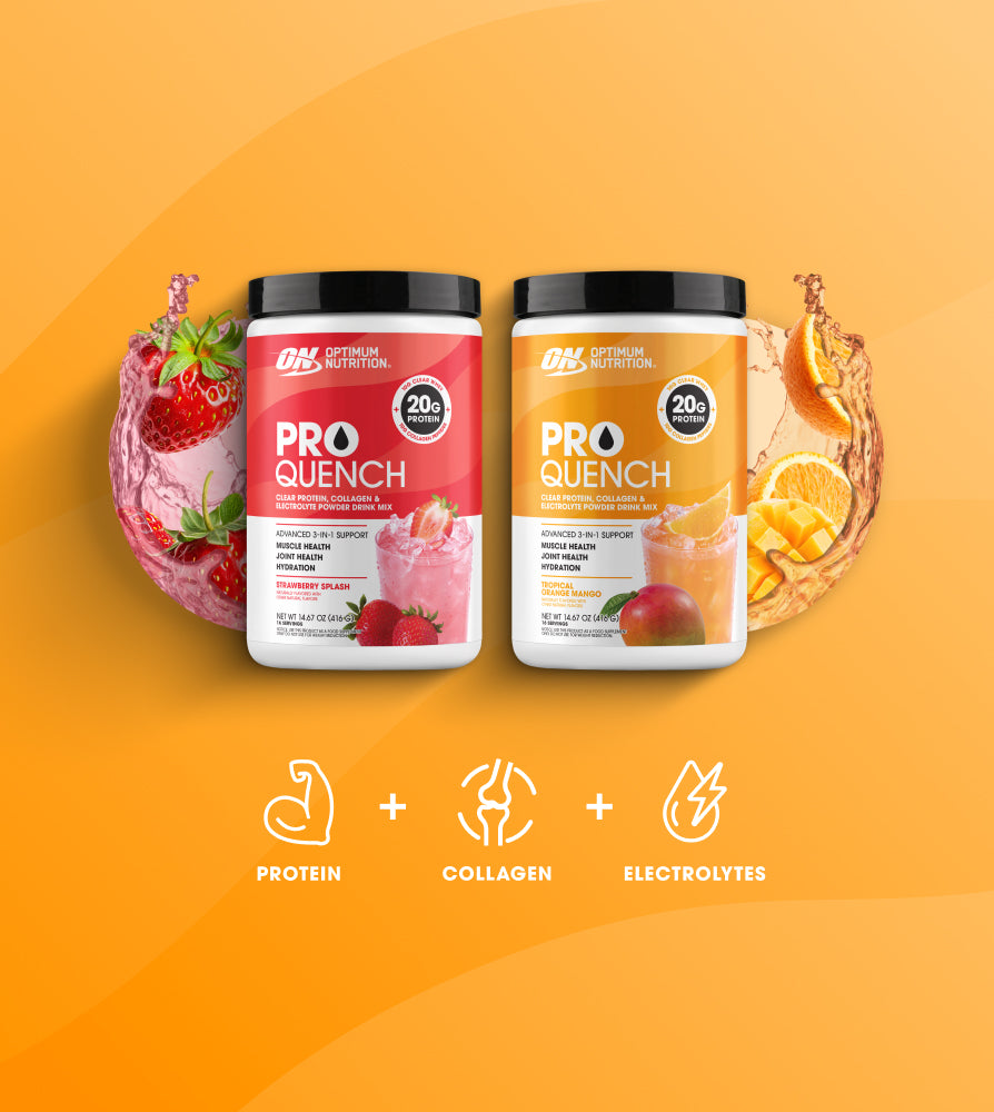 Two Optimum Nutrition Pro Quench containers on an orange background with fruit graphics