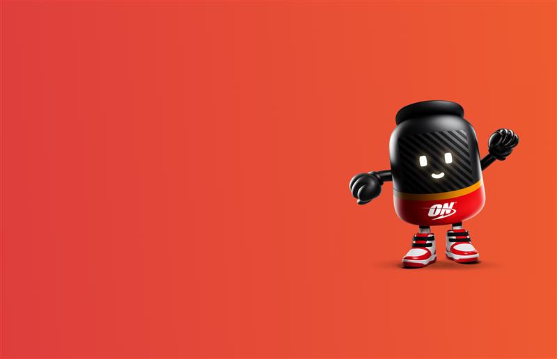 Optimum Nutrition mascot character with a red and black design, featuring the ON logo