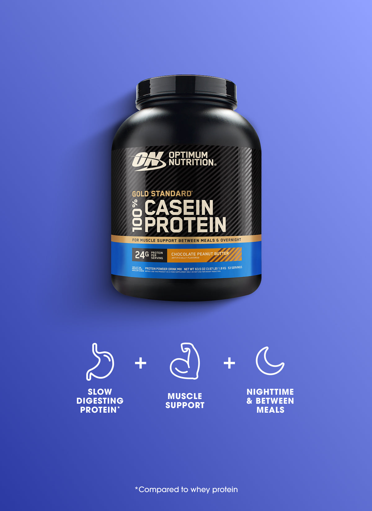 Optimum Nutrition Gold Standard 100% Casein Protein supplement on a blue background