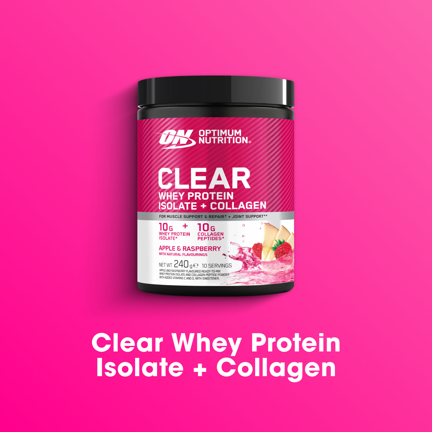 Optimum Nutrition Clear Whey Protein Isolate + Collagen, 240g container, apple & raspberry flavor