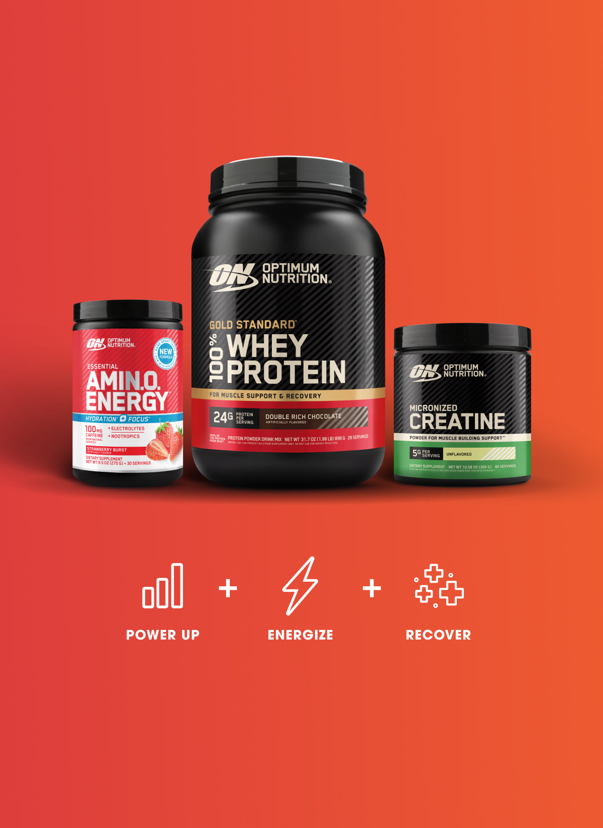 Optimum Nutrition protein powder, amino energy, and creatine on an orange background