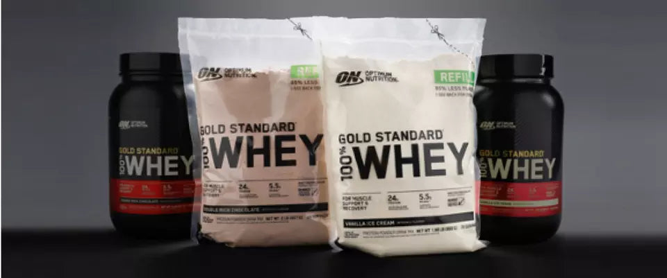 Gold Standard 100% Whey protein powder bags and containers by Optimum Nutrition, featuring vanilla and chocolate flavors