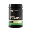 A black plastic tub of Optimum Nutrition Micronized Creatine powder, unflavored, on a clean white background.