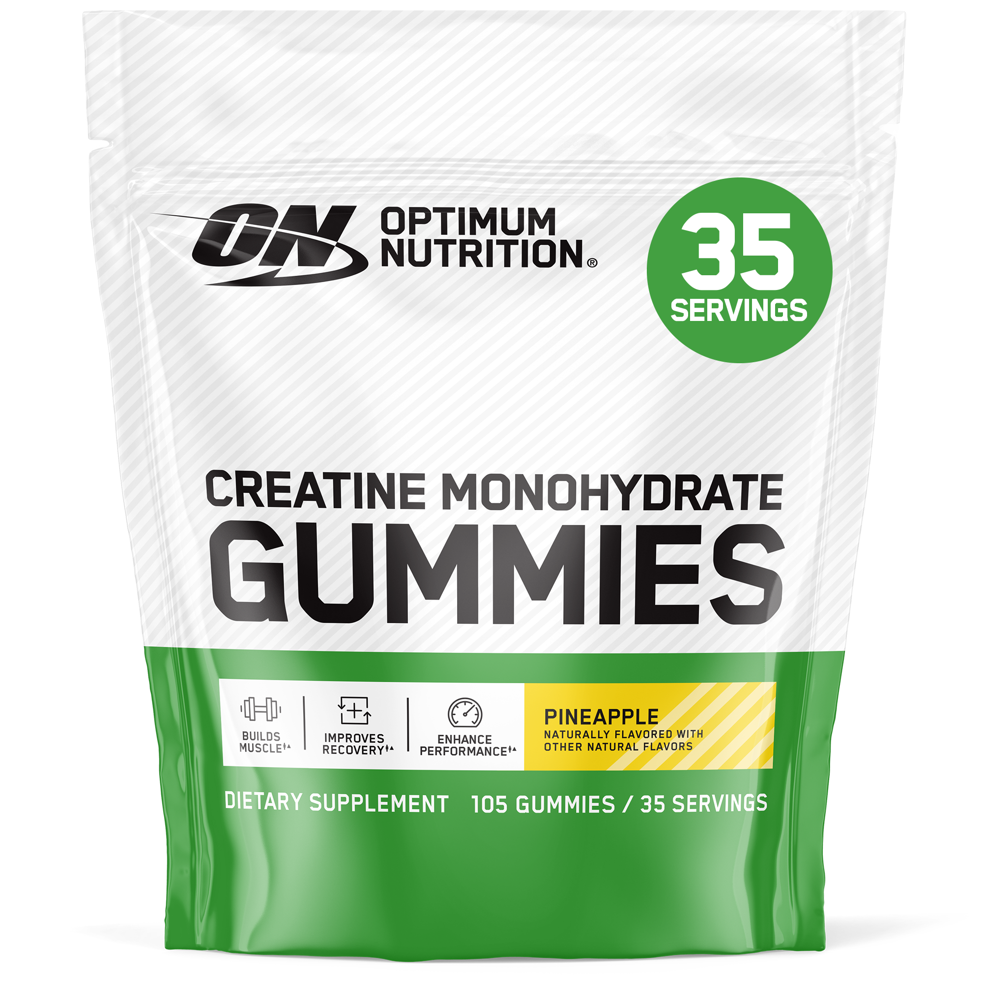 Optimum Nutrition Creatine Monohydrate Gummies packaging with pineapple flavor on a white background