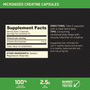 A supplement facts label for micronized creatine capsules, showing serving size 2 capsules, 50 servings per container, and 2.5g creatine monohydrate.