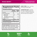 A supplement facts label for Mixed Berry gummies, showing serving size 3 gummies, calories, daily value breakdown, and other ingredients. The label includes a pink header reading 'MIXED BERRY' and a green footer with usage and serving information.