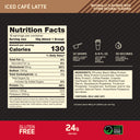 Front label of a powdered coffee drink mix for Iced Café Latte, showing nutrition facts, serving size, calories, ingredients, preparation time, and flavor notes on a dark background with a red footer.