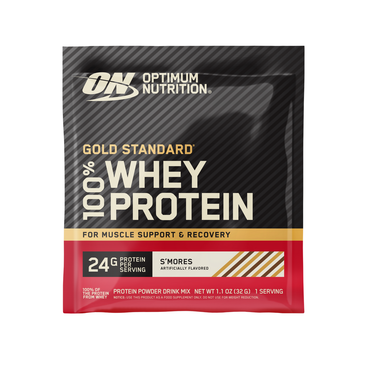 Optimum Nutrition Gold Standard 100% Whey Protein powder in a S'mores flavor, shown in its retail packaging against a plain white background.
