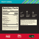 Nutrition facts label for fruity cereal with serving size, calories, and protein content displayed.