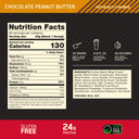 A chocolate peanut butter beverage mix product label with a nutrition facts panel, serving instructions, ingredients list, and branding on a dark background with orange accents.