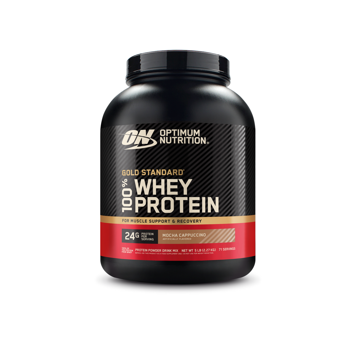 Optimum Nutrition Gold Standard 100% Whey Protein in a black plastic tub with a black, gold, and red label, shown on a white background.