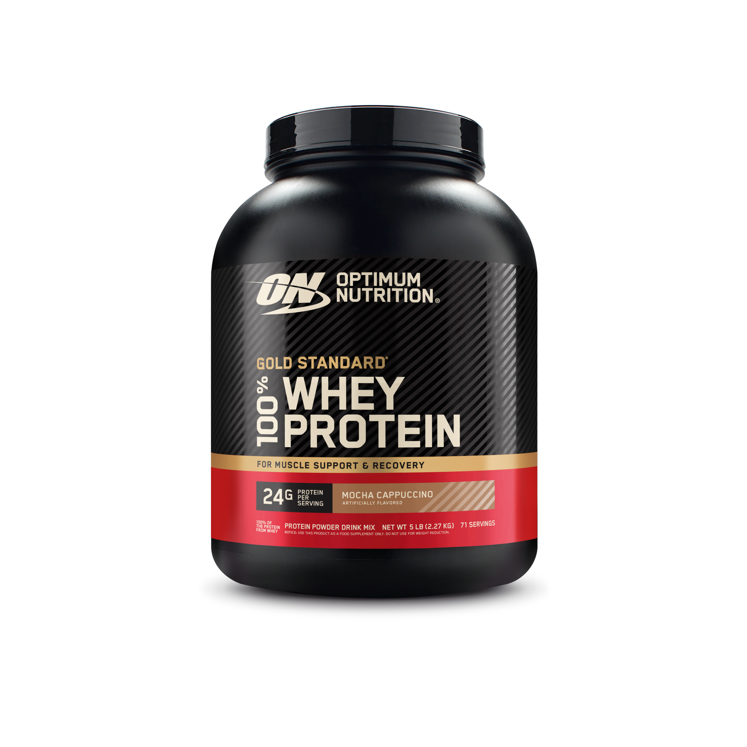 Optimum Nutrition Gold Standard 100% Whey Protein in a black plastic tub with a black, gold, and red label, shown on a white background.