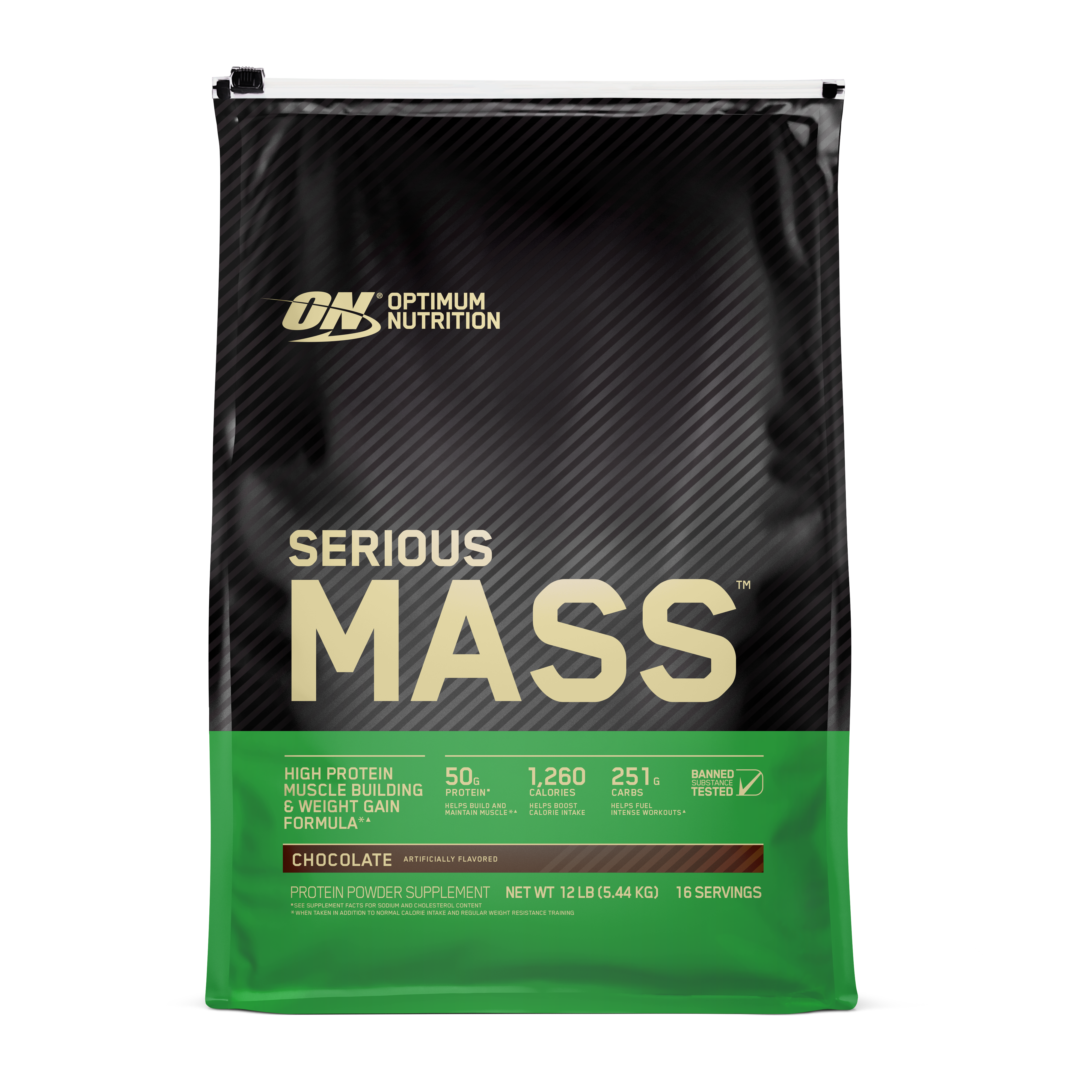 Optimum Nutrition Serious Mass supports , weight gain, muscle building, Banana flavor, 50g protein per serving