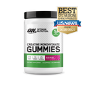 Optimum Nutrition Creatine Monohydrate Gummies in a white plastic tub with a black lid, featuring a green and white label. A gold and blue USNews 'Best OTC Medicine & Health Products 2026' award badge is displayed in the upper right corner.