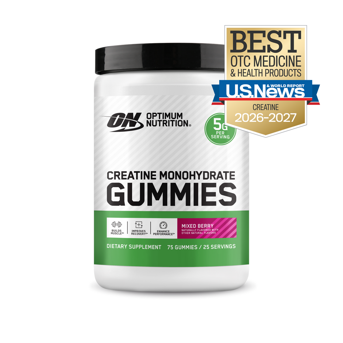 Optimum Nutrition Creatine Monohydrate Gummies in a white plastic tub with a black lid, featuring a green and white label. A gold and blue USNews 'Best OTC Medicine & Health Products 2026' award badge is displayed in the upper right corner.