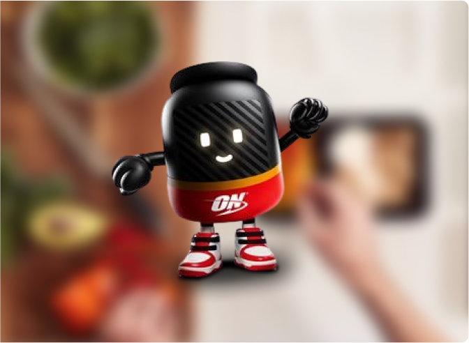 Optimum Nutrition mascot character with a jar-like body, wearing sneakers and gloves, standing on a blurred background