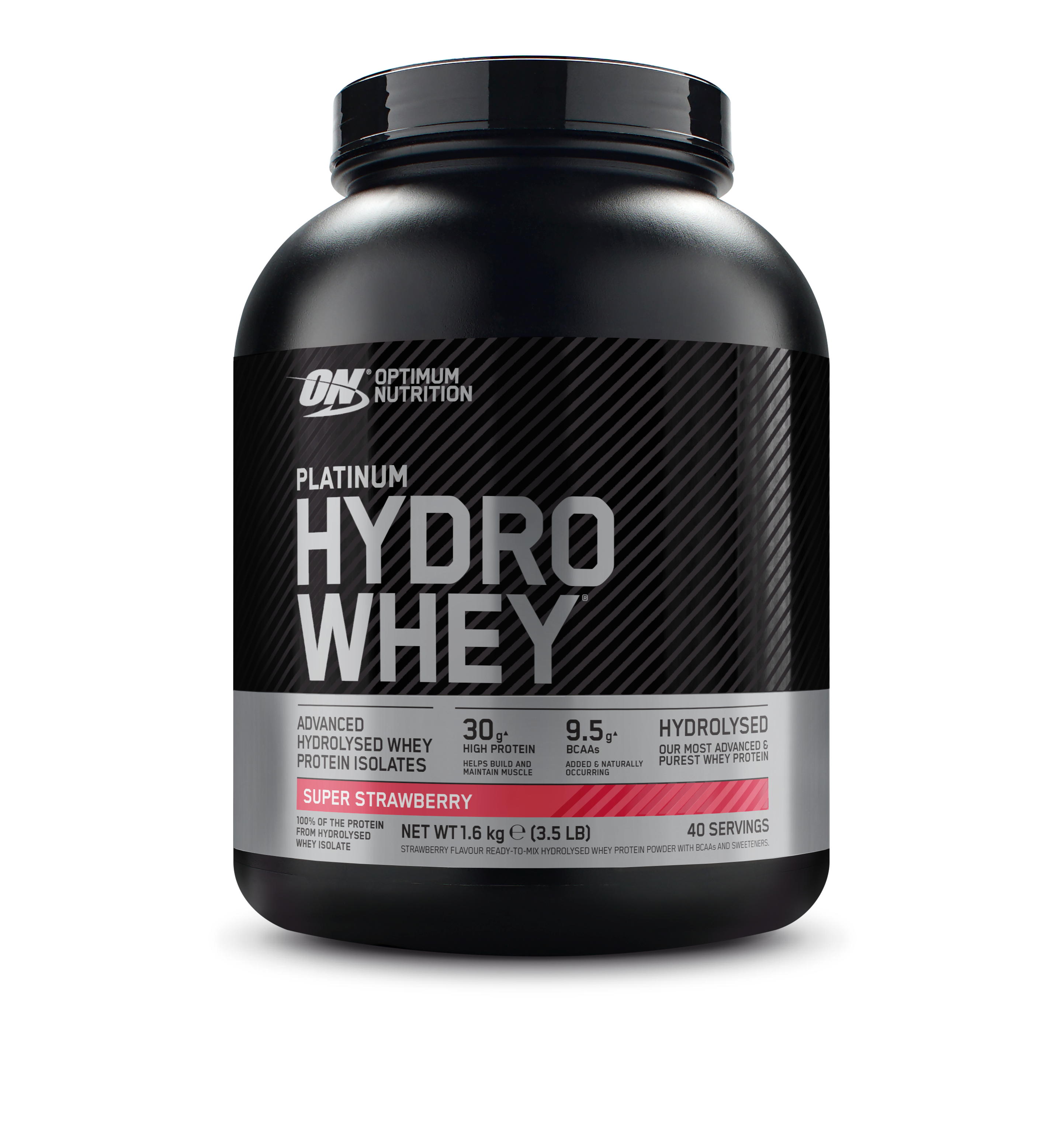 Optimum Nutrition Platinum Hydro Whey protein powder, 1.6 kg container, Super Strawberry flavor