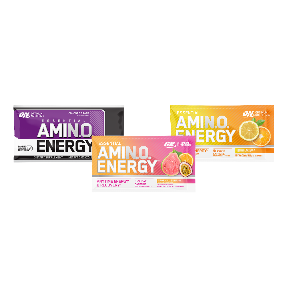 Three packages of Optimum Nutrition Amino Energy supplements on a white background