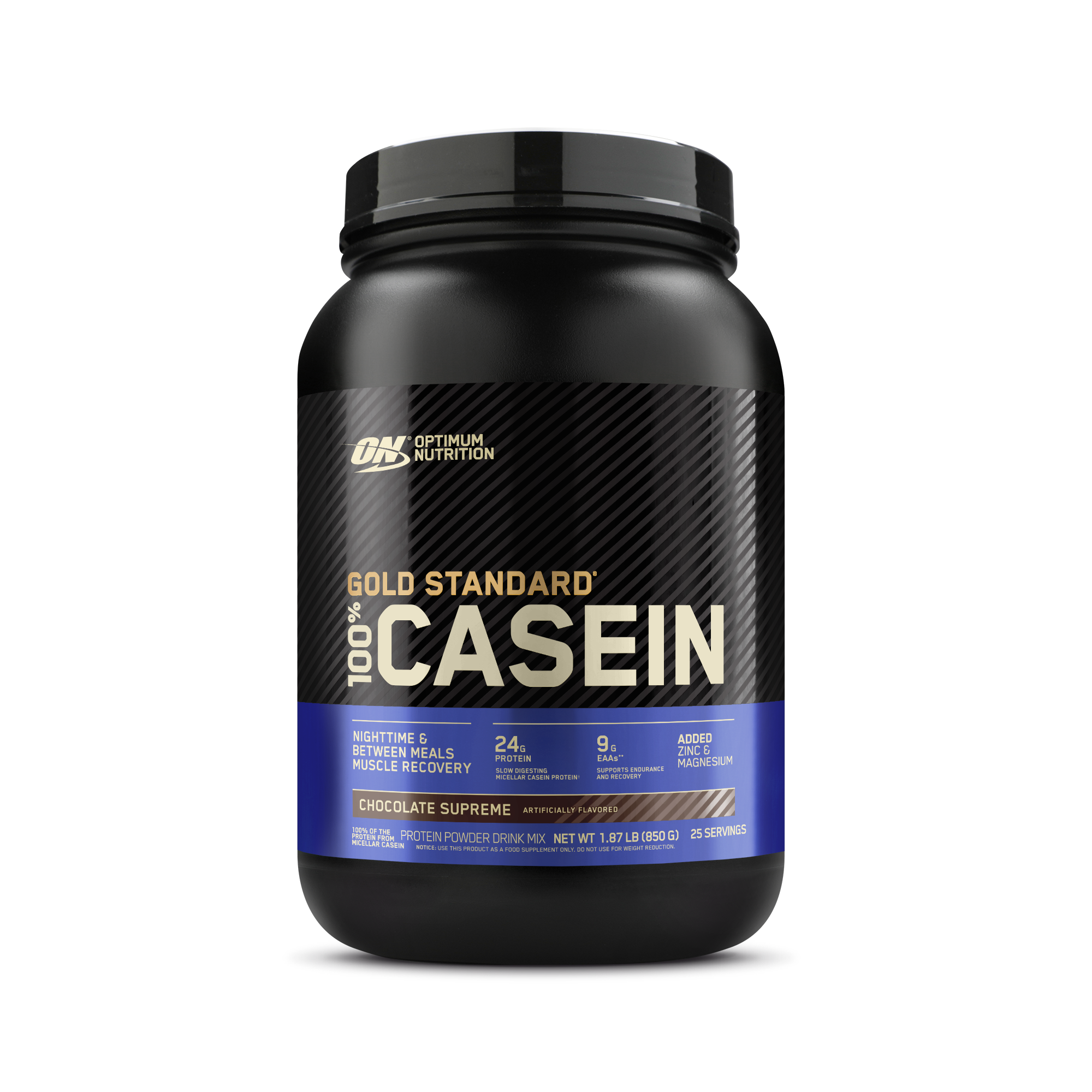 Gold Standard 100% Casein Protein Powder, 24g of premium micellar casein protein, Chocolate Supreme flavor, size 2 lb, for muscle support and recovery