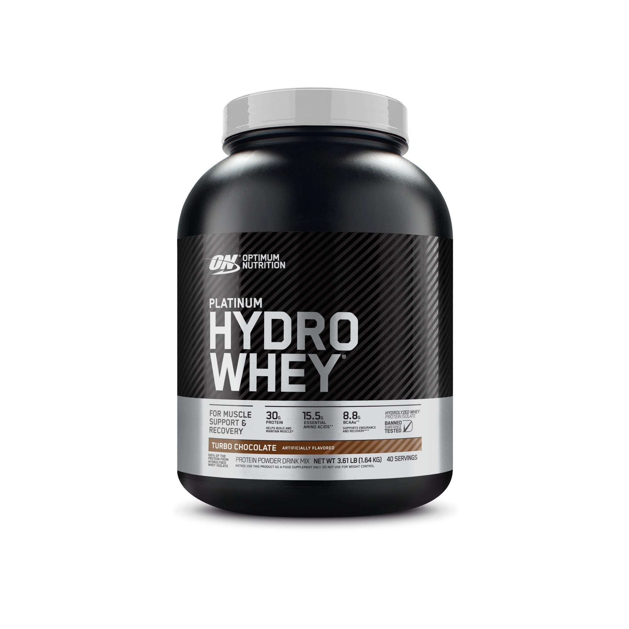 Optimum Nutrition Platinum Hydro Whey protein powder, 1.8 lb container, Turbo Chocolate flavor